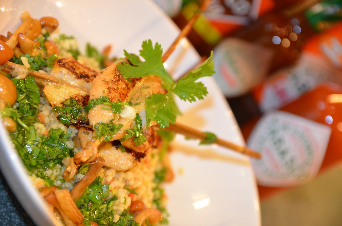 Fish Stick sweet chili with TABASCO® chimichurri, Stubbskjell-sopp og Couscous Gourmet