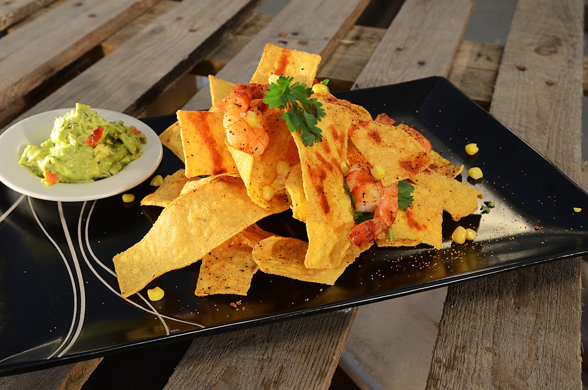 Scampi Sriracha med Nachostrips & guacomole dip