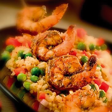 Latino Passion scampi med Ranchero Pinto beans, red rice og mais